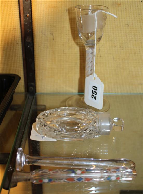 18C cordial glass, triple twist stem, two glass scent flasks & glass pestle